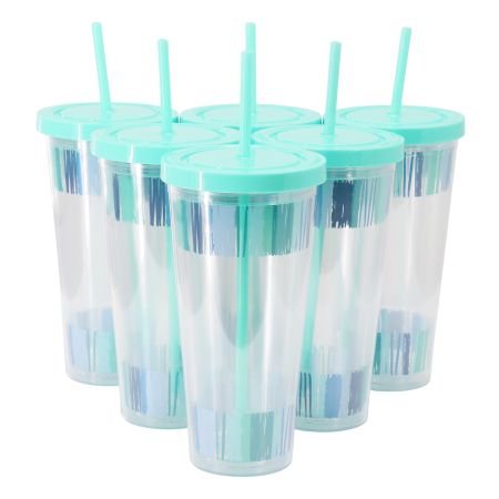 Gibson Home Tropical Sway Orleans 6 Pc 24 Oz Double Wall Plastic Tumbler Set with Lid &amp; Straw in Blue