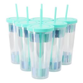 Gibson Home Tropical Sway Orleans 6 Pc 24 Oz Double Wall Plastic Tumbler Set with Lid &amp; Straw in Blue